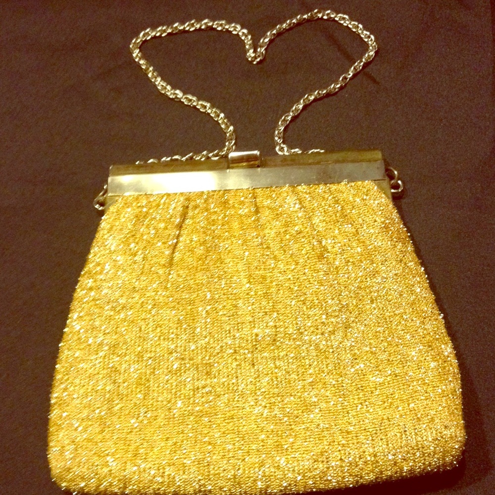 Vintage Gold Metallic Evening Bag Made in USA Chain Strap Clutch Purse